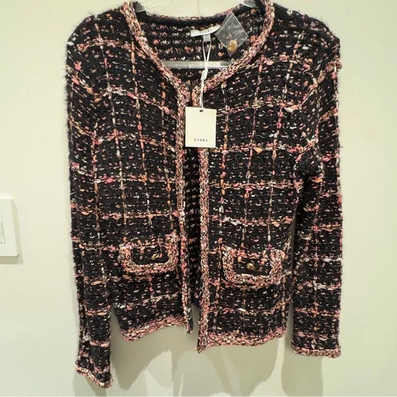 NWT- Sioni Black, Pink, Orange & White Tweed Cardigan Size Medium Women’s - Picture 1 of 11